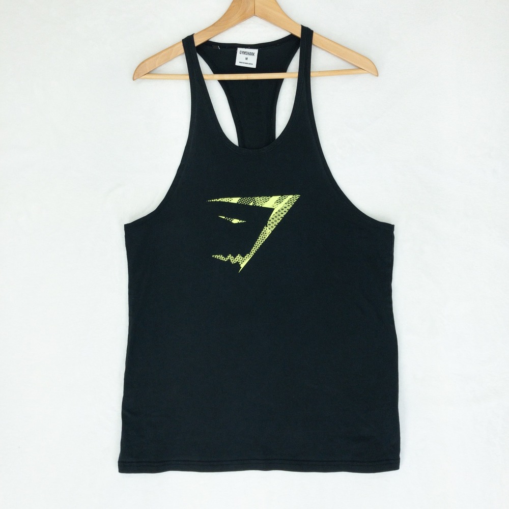 Gymshark Stringer Tank Top Mens Medium Black Lime Green Racerback Gym Muscle